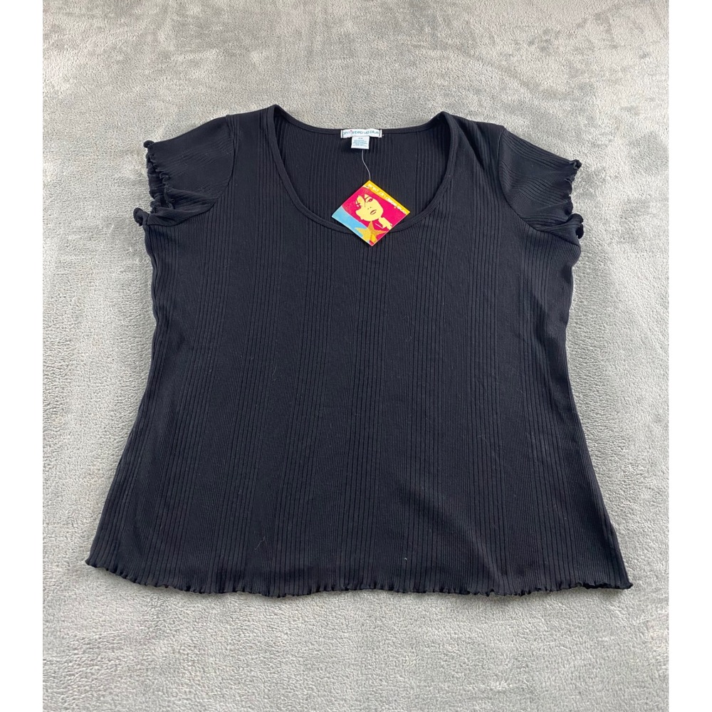 One Step Up Plus Womens 2X Black Ribbed Scoop Neck Lettuce Edge Short Sleeve Top